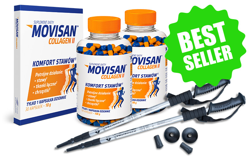 Natural Pharmaceuticals Movisan Collagen II Dwie butelki oraz mniejsze opakowanie suplementu diety Movisan Collagen II wspierającego stawy, tkanki łączne i chrząstki oraz kije do nordic walkingu w prezencie.