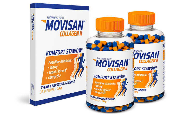 Natural Pharmaceuticals Movisan Collagen II Dwie butelki oraz mniejsze opakowanie suplementu diety Movisan Collagen II wspierającego stawy, tkanki łączne i chrząstki.
