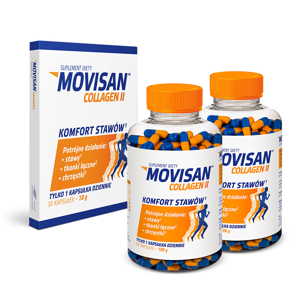 Natural Pharmaceuticals Movisan Collagen II Dwie butelki oraz mniejsze opakowanie suplementu diety Movisan Collagen II wspierającego stawy, tkanki łączne i chrząstki.
