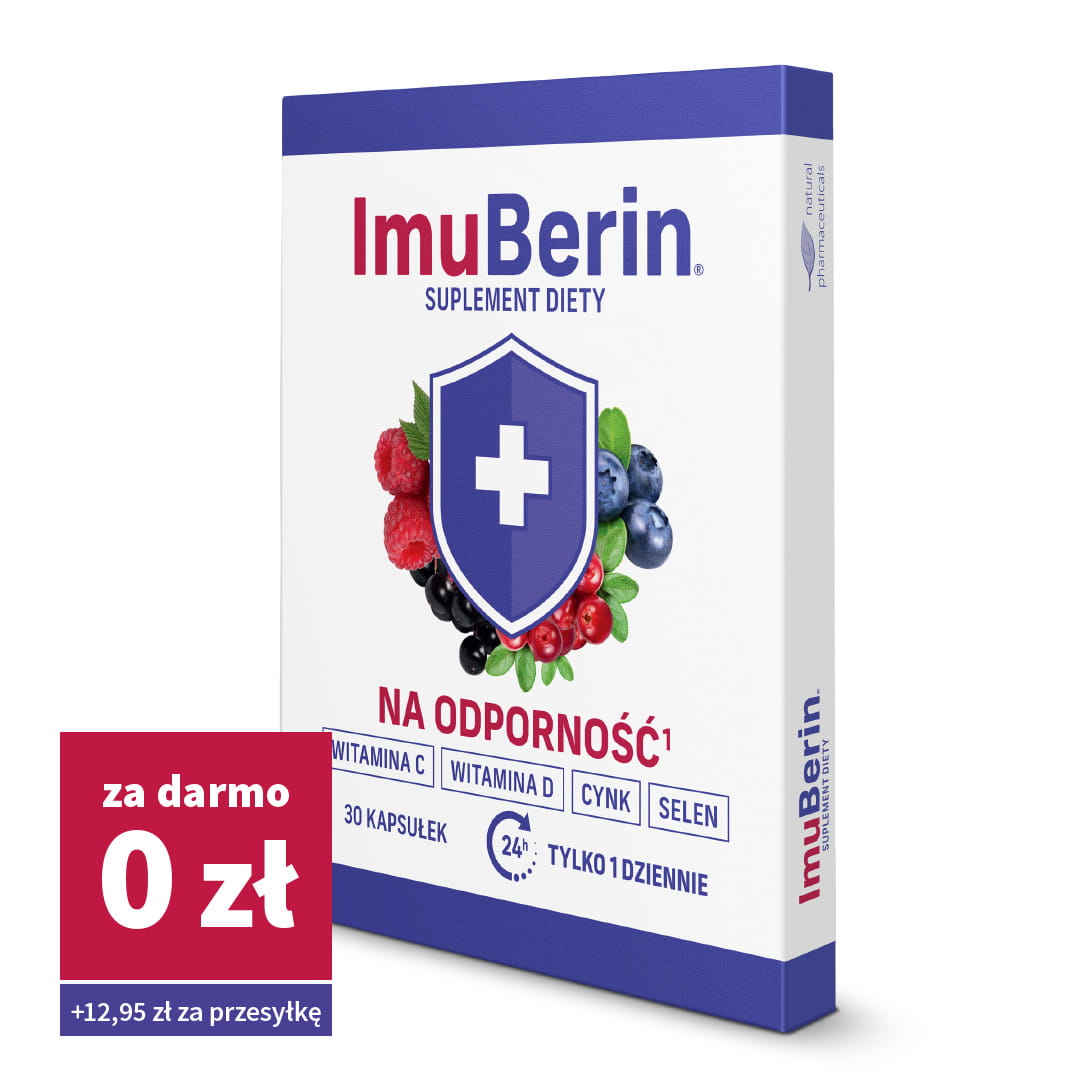 Natural Pharmaceuticals ImuBerin® Opakowanie suplementu diety ImuBerin® na odporność z witaminą C i ekstraktami owoców leśnych.