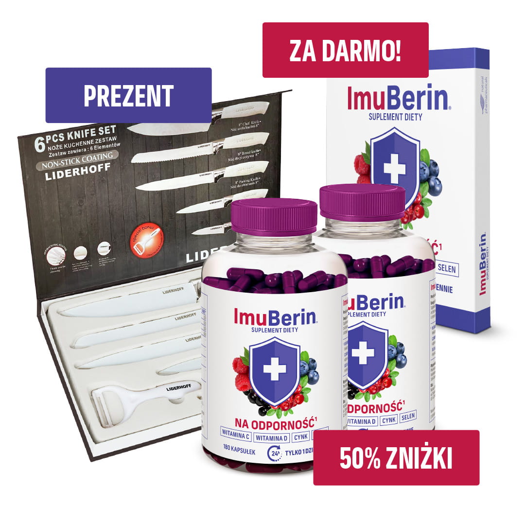 Natural Pharmaceuticals ImuBerin® Blister i dwie butelki suplementu diety ImuBerin® na odporność z witaminą C oraz zestaw noży kuchennych Liderhoff.
