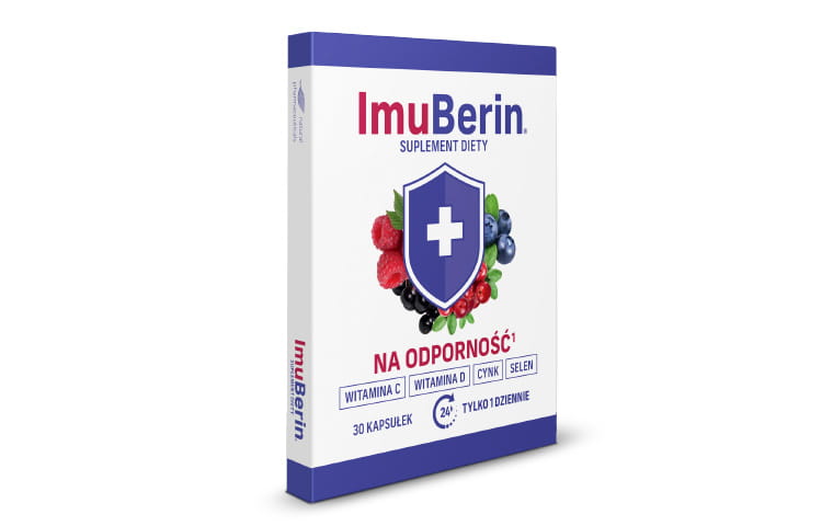 Natural Pharmaceuticals ImuBerin® Opakowanie suplementu diety ImuBerin® na odporność z witaminą C i ekstraktami owoców leśnych.