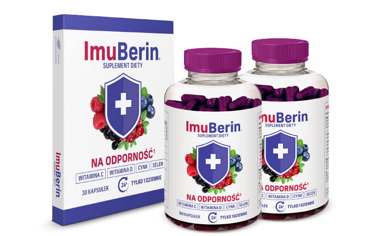 Natural Pharmaceuticals ImuBerin® Blister oraz dwie butelki suplementu diety ImuBerin® na odporność z witaminą C i ekstraktami owoców leśnych.