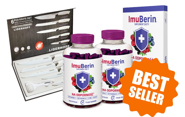Natural Pharmaceuticals ImuBerin® Blister i dwie butelki suplementu diety ImuBerin® na odporność z witaminą C oraz zestaw noży kuchennych Liderhoff.