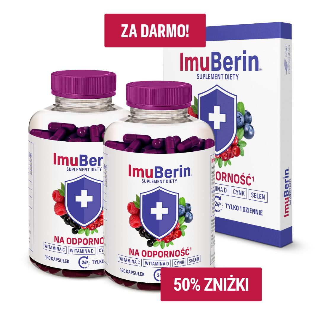 Natural Pharmaceuticals ImuBerin® Blister oraz dwie butelki suplementu diety ImuBerin® na odporność z witaminą C i ekstraktami owoców leśnych.