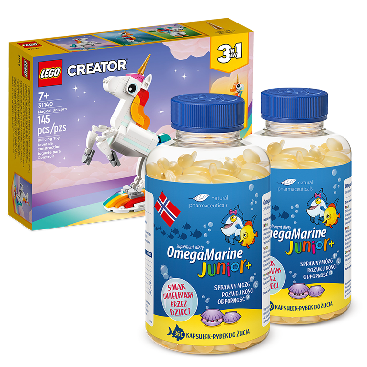 Natural Pharmaceuticals OmegaMarine Junior+™ Dwie butelki suplementu diety OmegaMarine Junior+™ z kapsułkami omega-3 dla dzieci wspierający rozwój mózgu i kości. Obok klocki lego z jednorożcem.