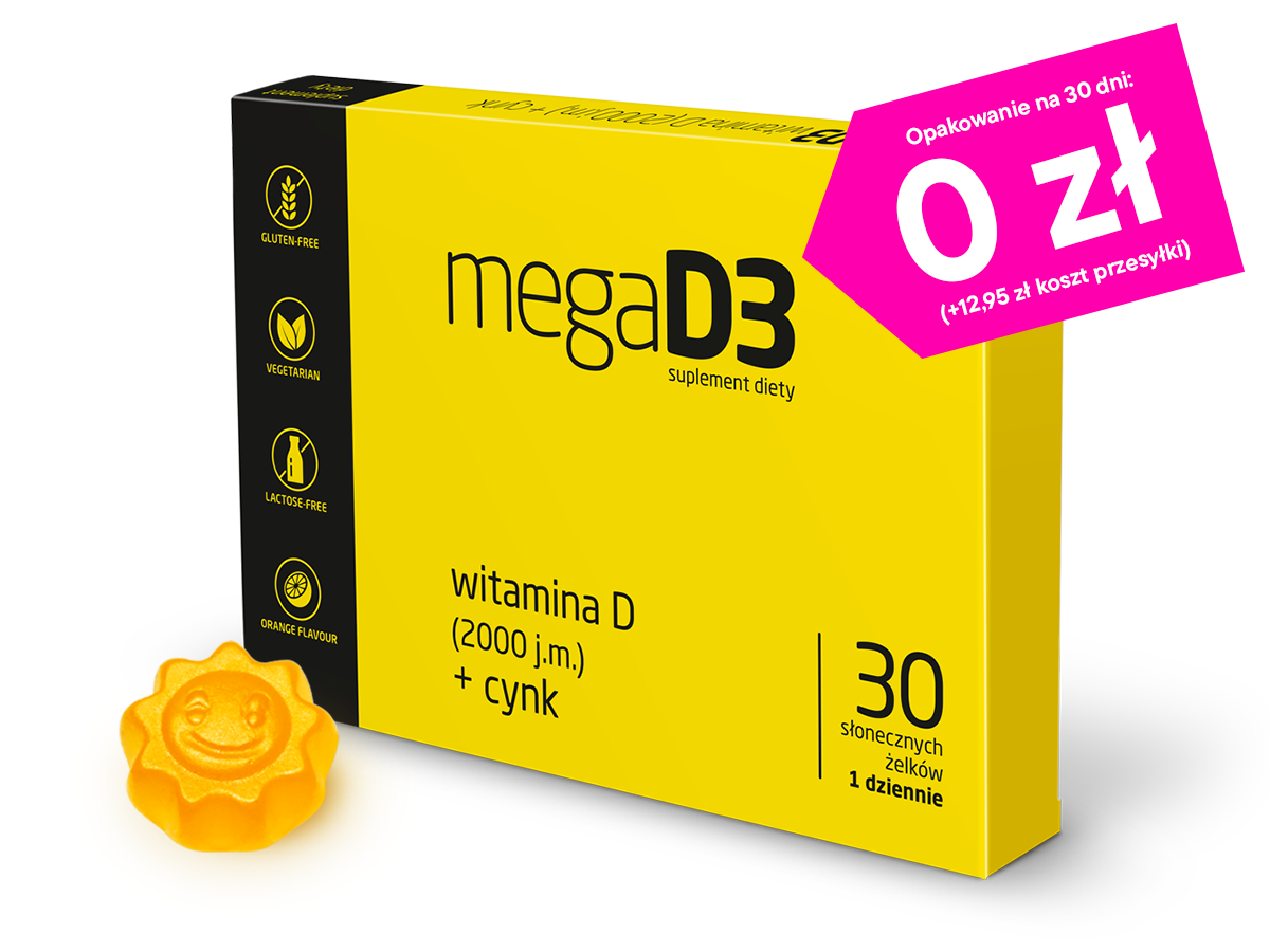Żółte pudełko suplementu diety megaD3 z witaminą D i cynkiem dla odporności.