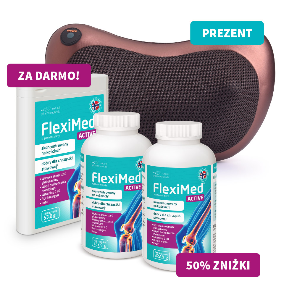 Natural Pharmaceuticals FlexiMed® Active Zdjęcie butelek i blistra suplementu diety FlexiMed® Active wspierającego zdrowie kości i chrząstek stawowych, obok poduszka masująca.