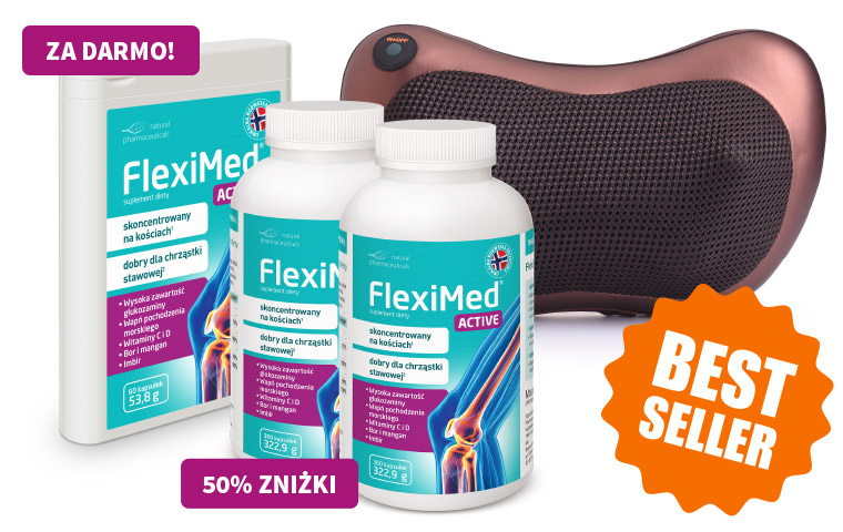 Natural Pharmaceuticals FlexiMed® Active Zdjęcie butelek i blistra suplementu diety FlexiMed® Active wspierającego zdrowie kości i chrząstek stawowych, obok poduszka masująca.