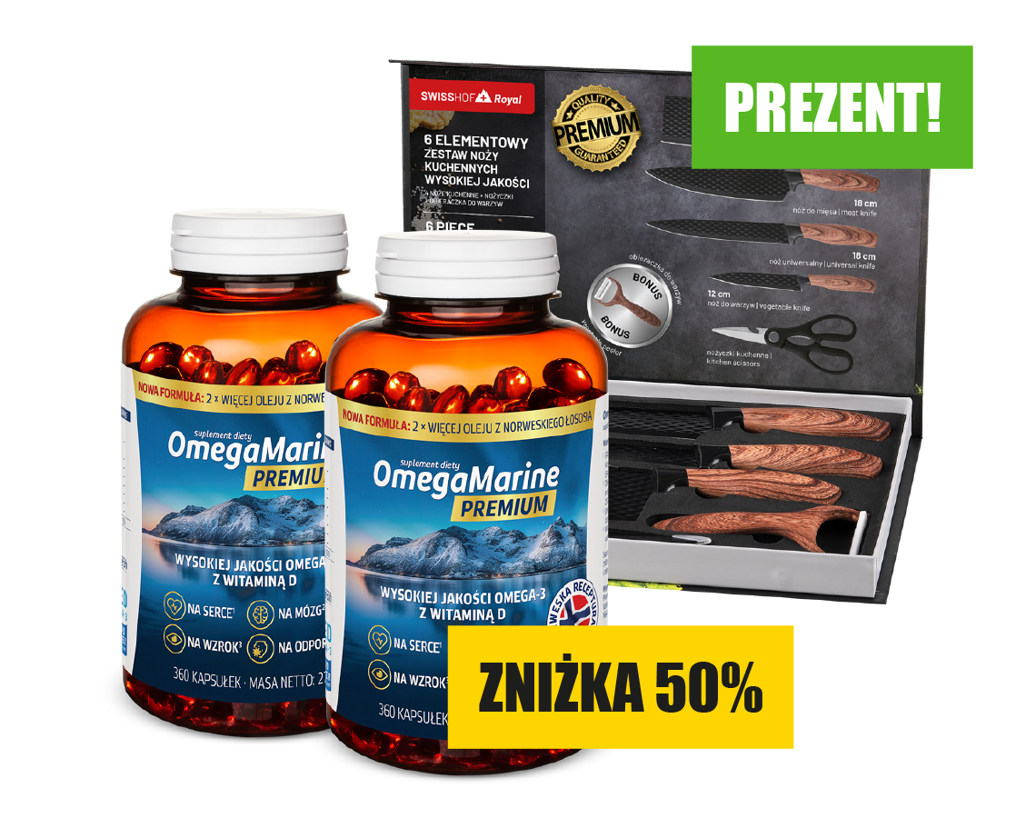 Natural Pharmaceuticals OmegaMarine Premium Zestaw suplementów diety OmegaMarine Premium z Omega-3 i witaminą D oraz ekskluzywny komplet czarnych noży kuchennych.