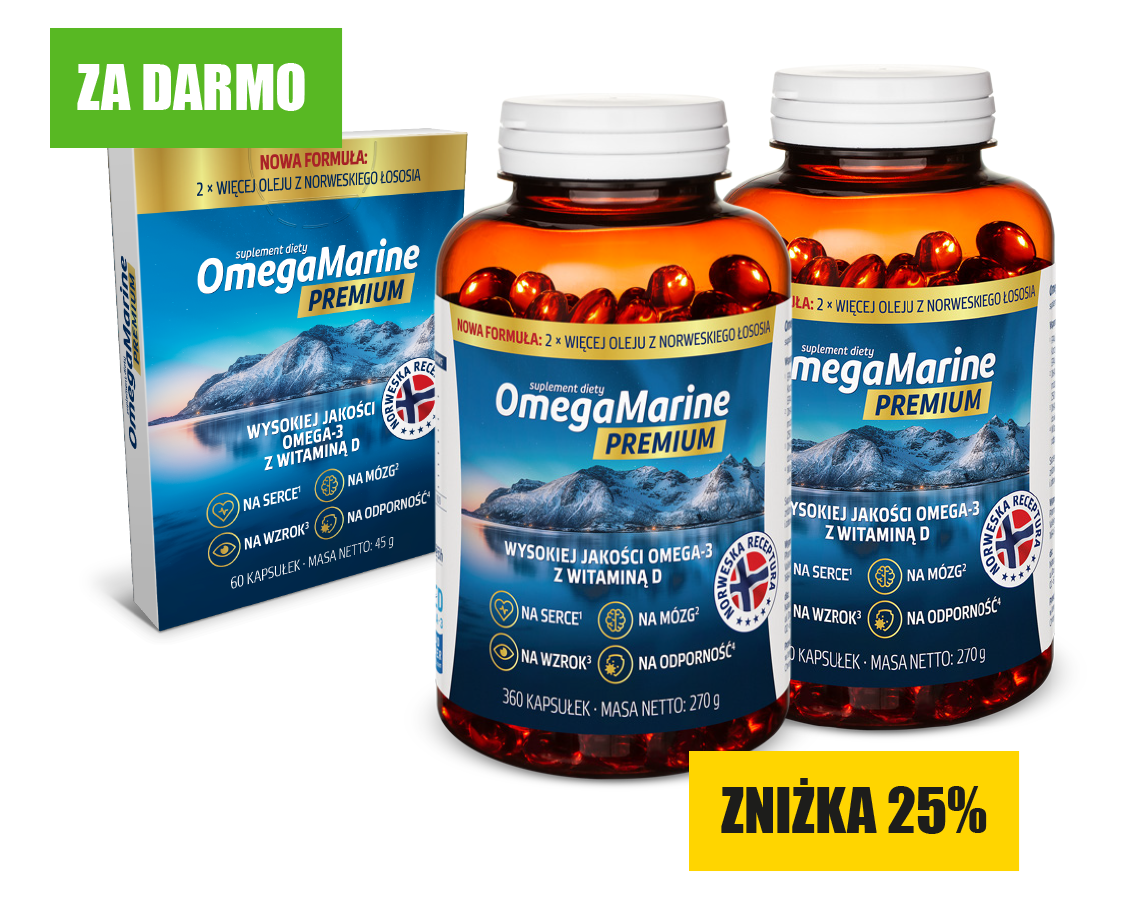 Natural Pharmaceuticals OmegaMarine Premium Opakowania suplementu diety OmegaMarine Premium z wysokiej jakości Omega-3, witaminą D, wspierające serce, mózg, wzrok i odporność.