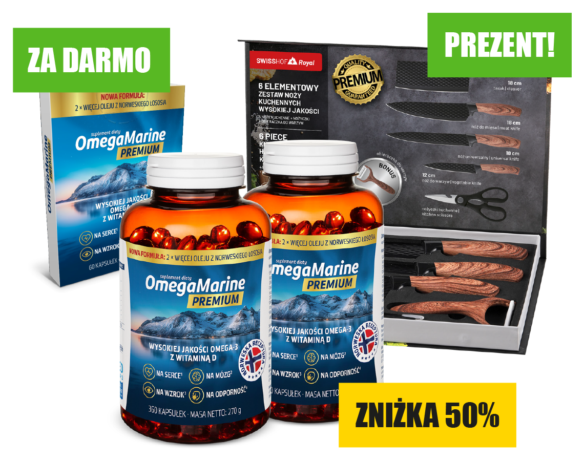 Natural Pharmaceuticals OmegaMarine Premium Zestaw suplementów diety OmegaMarine Premium z Omega-3 i witaminą D oraz ekskluzywny komplet czarnych noży kuchennych.