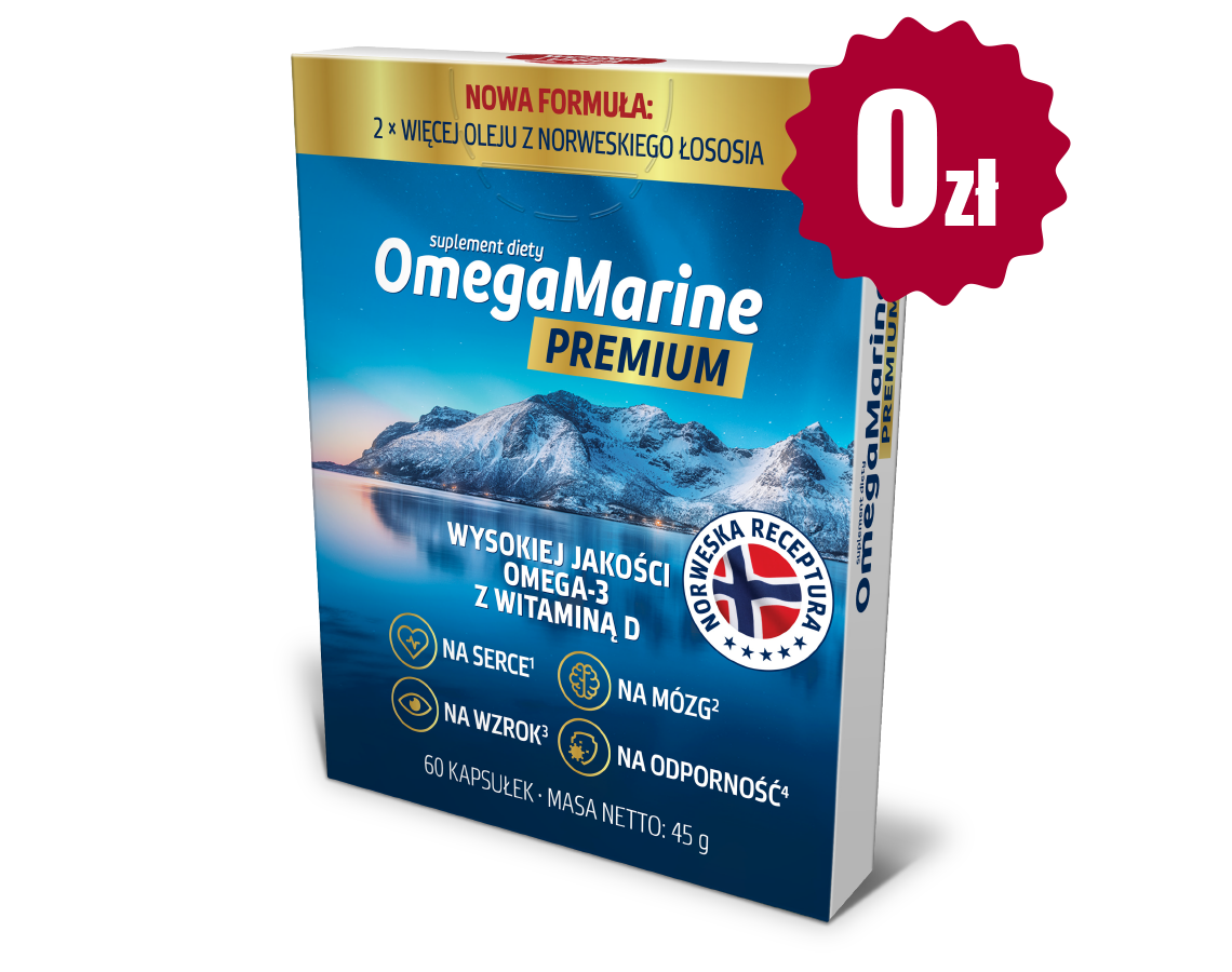 Natural Pharmaceuticals OmegaMarine Premium Opakowanie suplementu diety OmegaMarine Premium z olejem z norweskiego łososia, Omega-3 i witaminą D wspierające serce, mózg, wzrok i odporność.