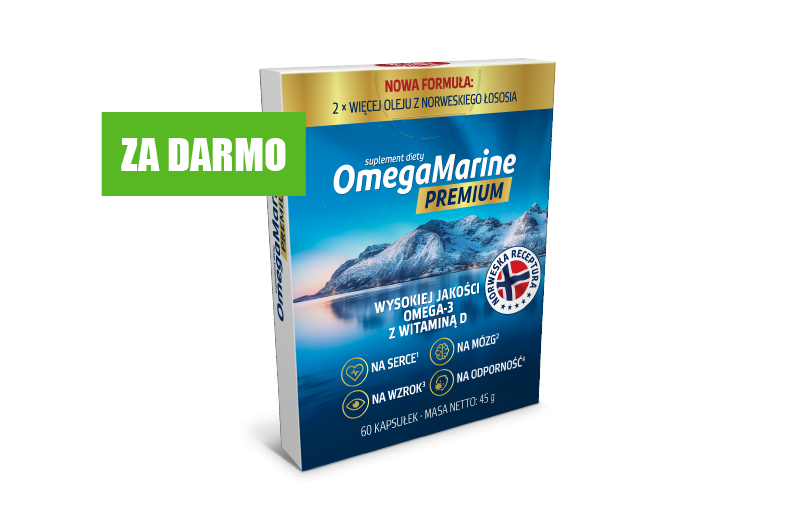 Natural Pharmaceuticals OmegaMarine Premium Opakowanie suplementu diety OmegaMarine Premium z olejem z norweskiego łososia, Omega-3 i witaminą D wspierające serce, mózg, wzrok i odporność.