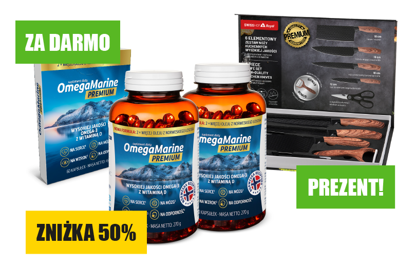 Natural Pharmaceuticals OmegaMarine Premium Zestaw suplementów diety OmegaMarine Premium z Omega-3 i witaminą D oraz ekskluzywny komplet czarnych noży kuchennych.