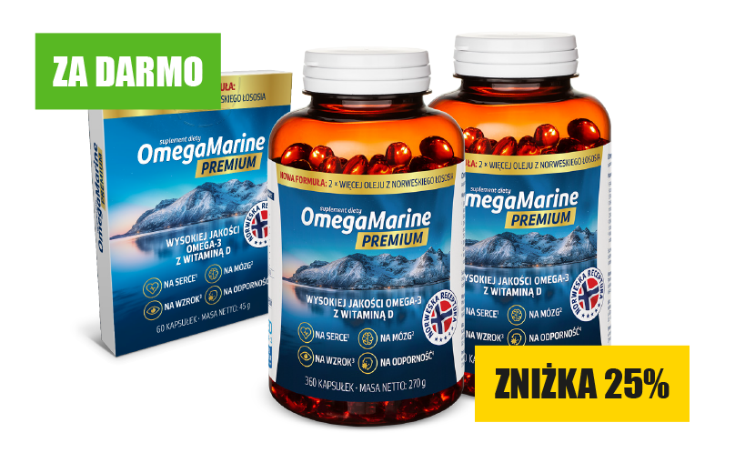 Natural Pharmaceuticals OmegaMarine Premium Opakowania suplementu diety OmegaMarine Premium z wysokiej jakości Omega-3, witaminą D, wspierające serce, mózg, wzrok i odporność.