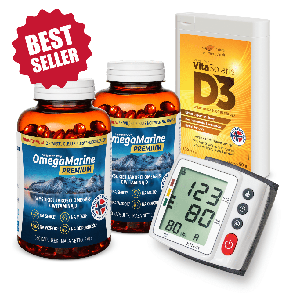 Natural Pharmaceuticals VitaSolaris® D3 Opakowanie suplementu diety VitaSolaris® witamina D3 2000 IU, dwie butelki suplementu diety OmegaMarine™ Premium oraz ciśnieniomierz nadgarstkowy jako prezent.