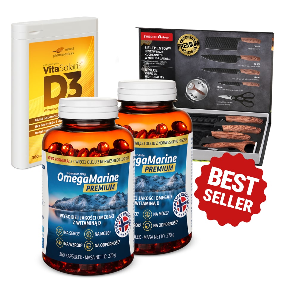 Natural Pharmaceuticals VitaSolaris® D3 Zestaw suplementów OmegaMarine™ Premium z omega-3, witaminą D dla serca, mózgu, wzroku i odporności oraz 6-elementowym zestawem czarnych noży.