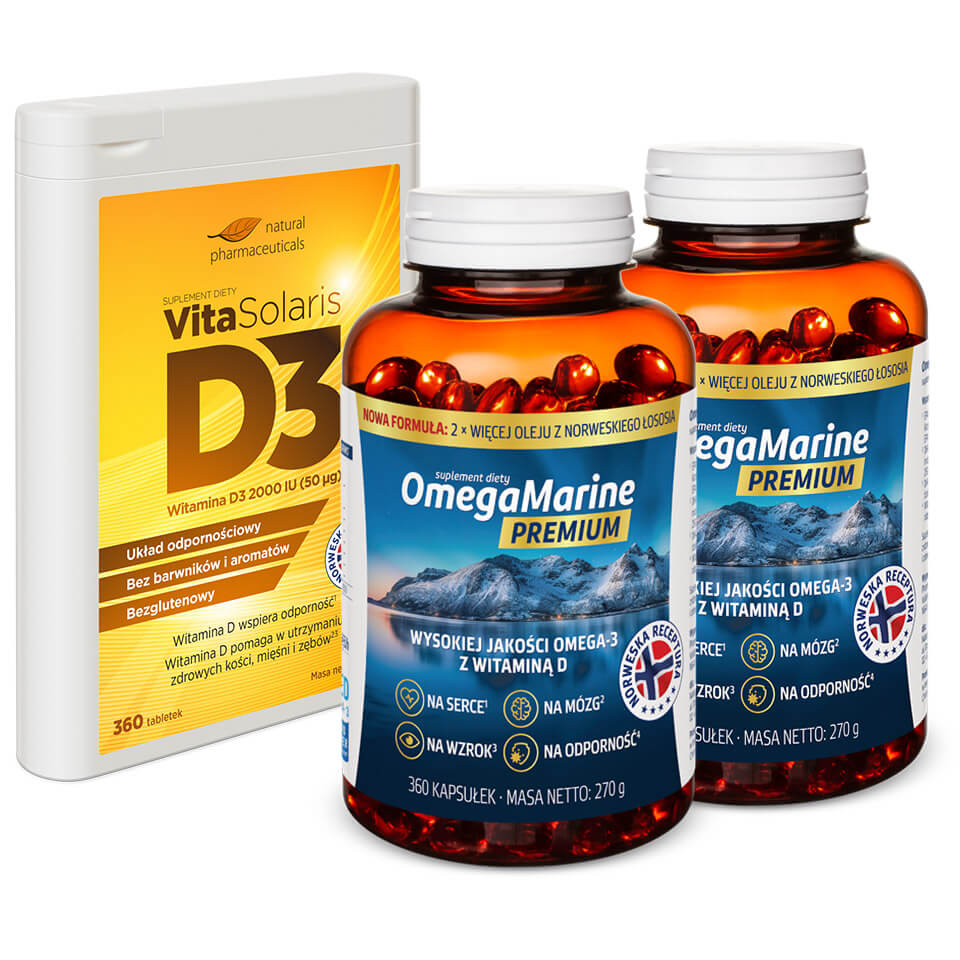 Natural Pharmaceuticals VitaSolaris® D3 Opakowanie suplementu diety VitaSolaris® witamina D3 2000 IU oraz dwie butelki suplementu diety OmegaMarine™ Premium z omega-3 i witaminą D dla serca, mózgu, wzroku i odporności.
