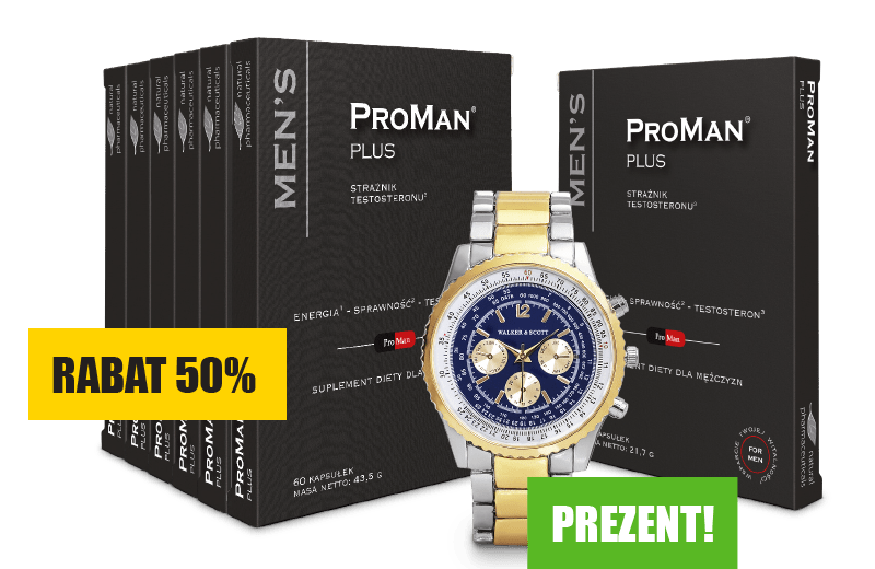 Natural Pharmaceuticals ProMan® Plus Roczny zapas oraz blister suplementu diety ProMan® Plus, pomiędzy stylowy zegarek ze srebrno-złotą bransoletą.