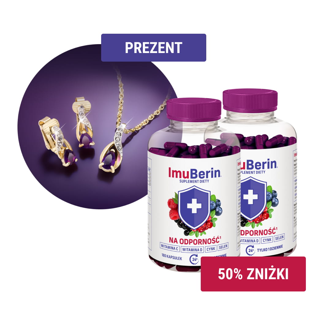 Natural Pharmaceuticals ImuBerin® Zestaw promocyjny ImuBerin® dwie butelki suplementu na odporność oraz zestaw biżuterii platerowanej złotem z ametystami i kryształami; etykiety „PREZENT” i „50% ZNIŻKI”.