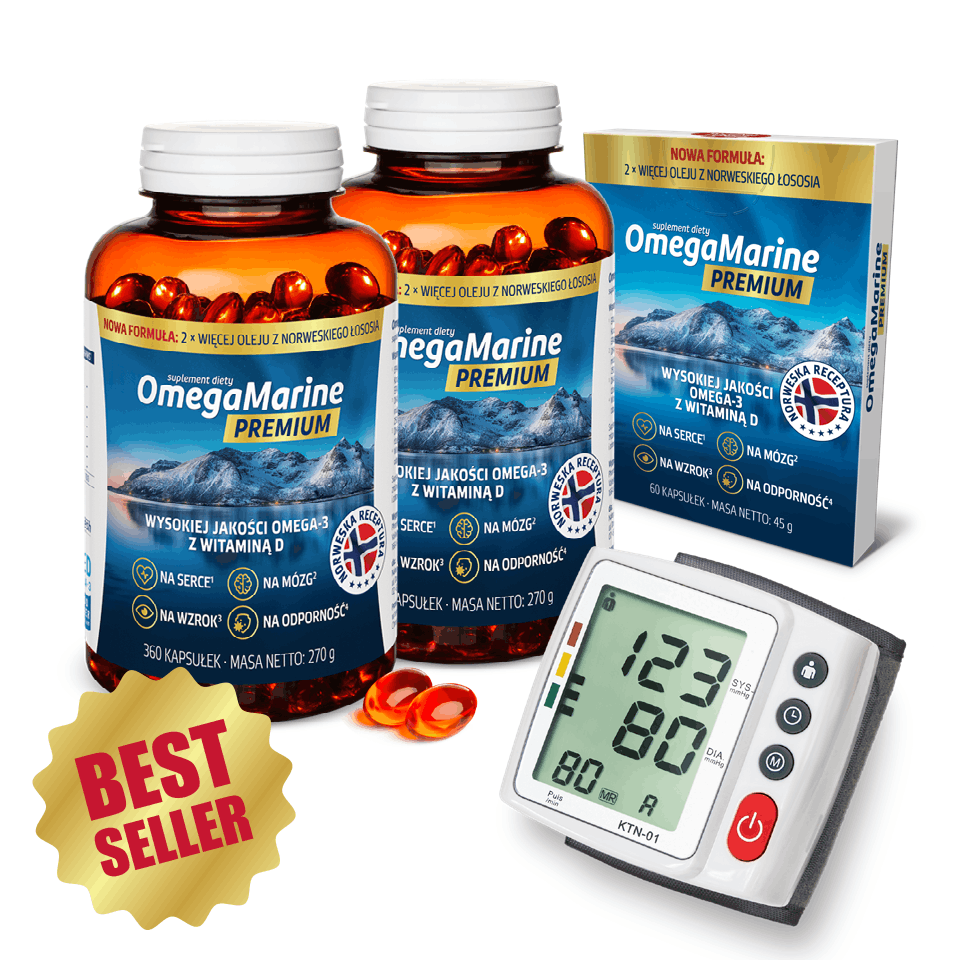 Natural Pharmaceuticals OmegaMarine Premium Suplement diety OmegaMarine Premium z olejem z norweskiego łososia, witaminą D i kapsułkami obok cieśnieniomierza nadgarstkowego.