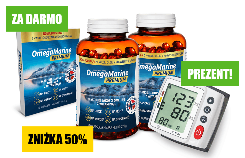 Natural Pharmaceuticals OmegaMarine Premium Suplement diety OmegaMarine Premium z olejem z norweskiego łososia, witaminą D i kapsułkami obok cieśnieniomierza nadgarstkowego.