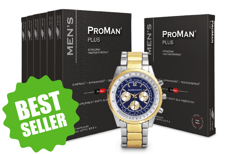 Natural Pharmaceuticals ProMan® Plus Roczny zapas oraz blister suplementu diety ProMan® Plus, pomiędzy stylowy zegarek ze srebrno-złotą bransoletą.