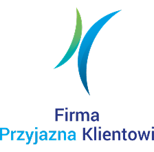 Natural Pharmaceuticals OmegaMarine™ Premium Logo „Firma Przyjazna Klientowi” z dynamicznymi, kolorowymi kształtami symbolizującymi współpracę