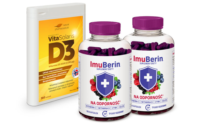 Natural Pharmaceuticals VitaSolaris® D3 Opakowanie suplementu diety VitaSolaris® witamina D3 2000 IU oraz dwie butelki suplementu diety ImuBerin® na odporność z witaminą C i ekstraktami owoców leśnych.