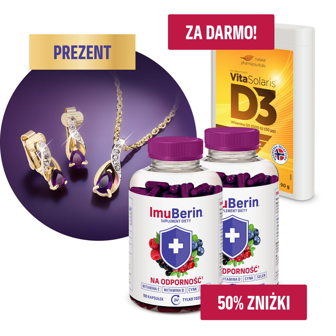 Natural Pharmaceuticals VitaSolaris® D3 Opakowanie suplementu diety VitaSolaris® witamina D3 2000 IU oraz dwie butelki suplementu diety ImuBerin® na odporność z witaminą C i ekstraktami owoców leśnych oraz zestaw cennej, platerowanej złotem biżuterii z ametystami i kryształami.