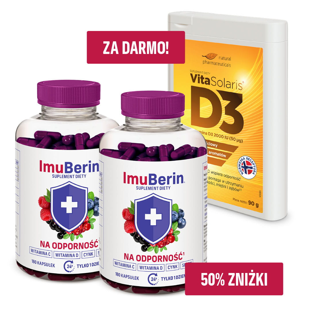 Natural Pharmaceuticals VitaSolaris® D3 Opakowanie suplementu diety VitaSolaris® witamina D3 2000 IU oraz dwie butelki suplementu diety ImuBerin® na odporność z witaminą C i ekstraktami owoców leśnych.