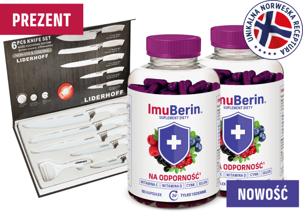 Natural Pharmaceuticals ImuBerin® Zestaw promocyjny ImuBerin® dwie butelki suplementu na odporność oraz komplet 6 noży Liderhoff; etykiety „PREZENT”, „NOWOŚĆ” i znak „Unikalna norweska receptura”